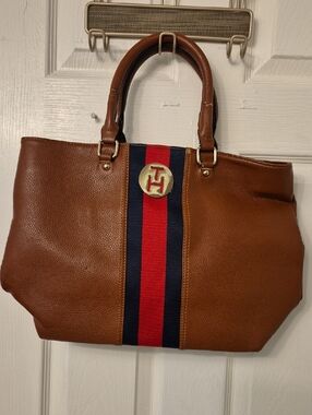 NWOT Brown Leather Tote with Navy and Red Stripe TOMMY HILFIGER